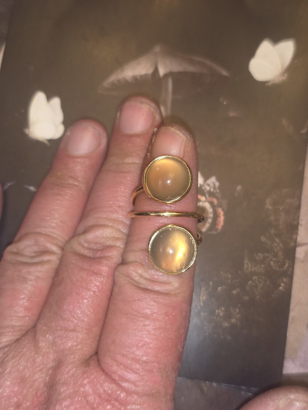 Double Yellow Citrine? Gemstone In Gold Tone Frame Adjustable Ring